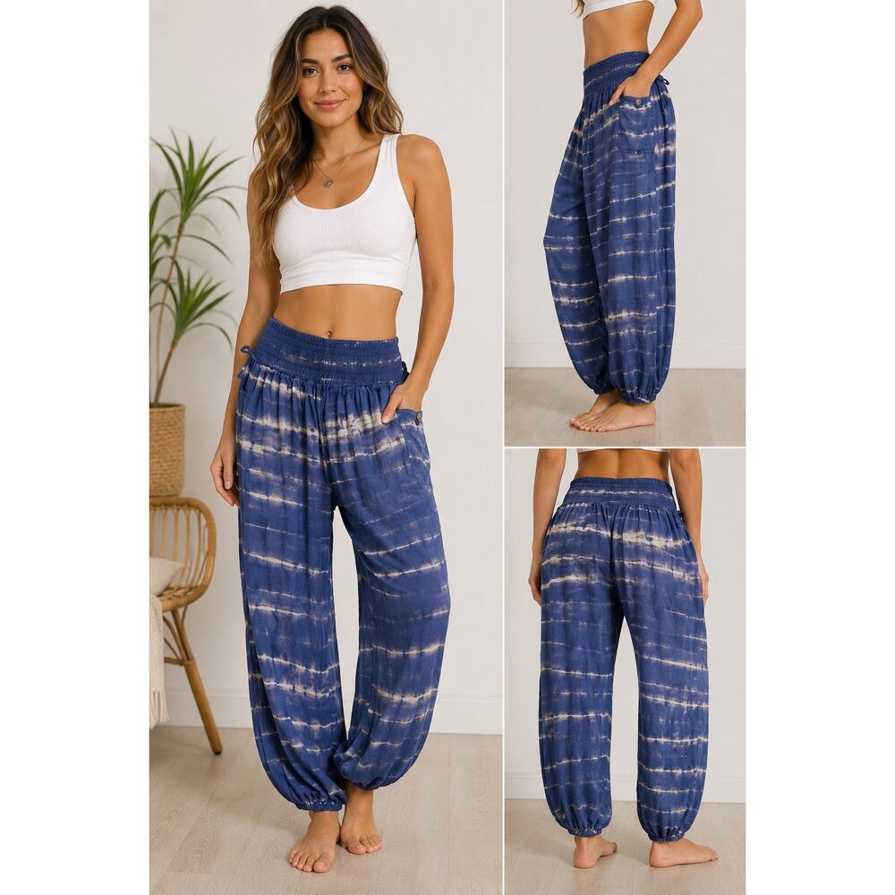 Boho Tie Dye Harem Pants Womens OS Blue White Lounge Beach Festival Hippie